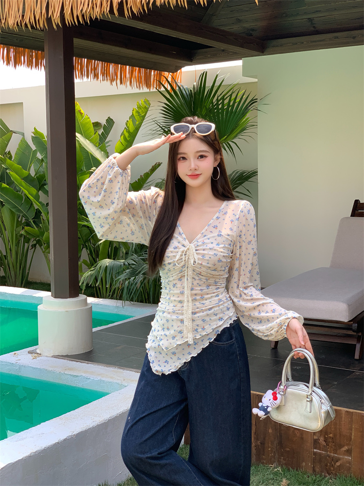 2026 New Blue Floral Lace Tie Irregular Hem Top for Women