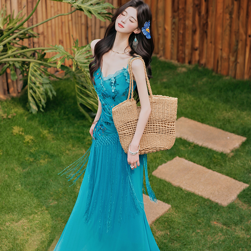 Blue Sleeveless Long Cami Dress Set for Beach Vacation