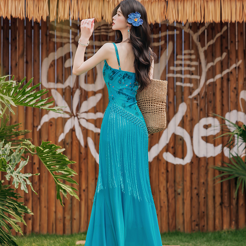 Blue Sleeveless Long Cami Dress Set for Beach Vacation - Image 4
