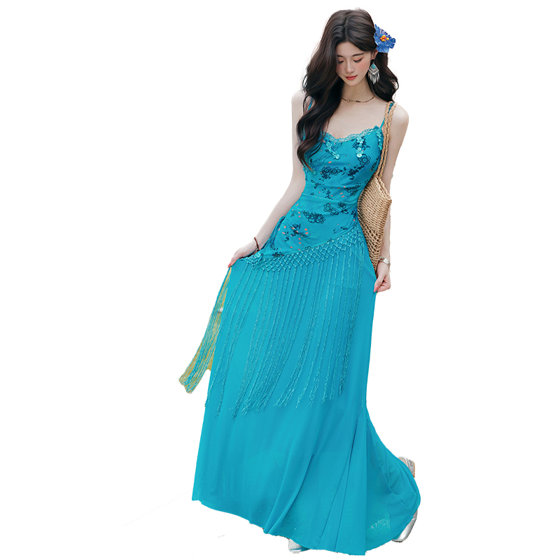 Blue Sleeveless Long Cami Dress Set for Beach Vacation - Image 5
