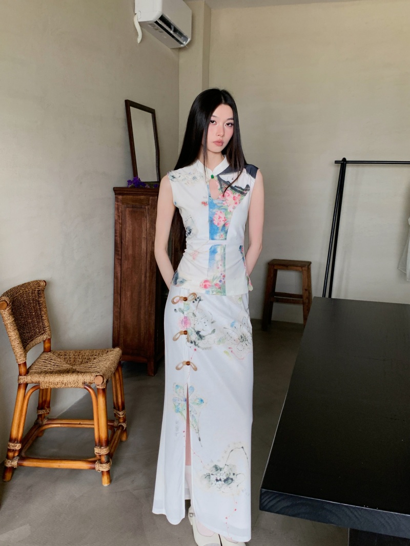 Chinese Style Vintage Cleanfit Mesh Print Stretch Qipao Two-Piece Set