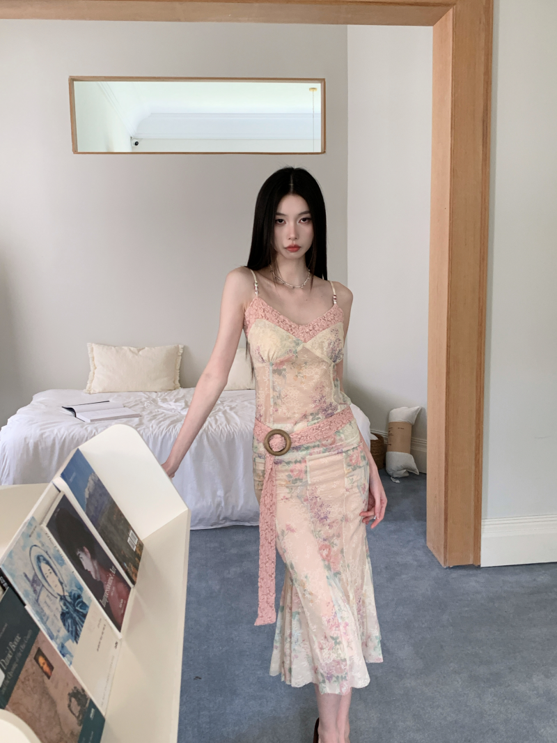 Elegant Lace Trim Tube Dress Fishtail Cami Dress Set for Women