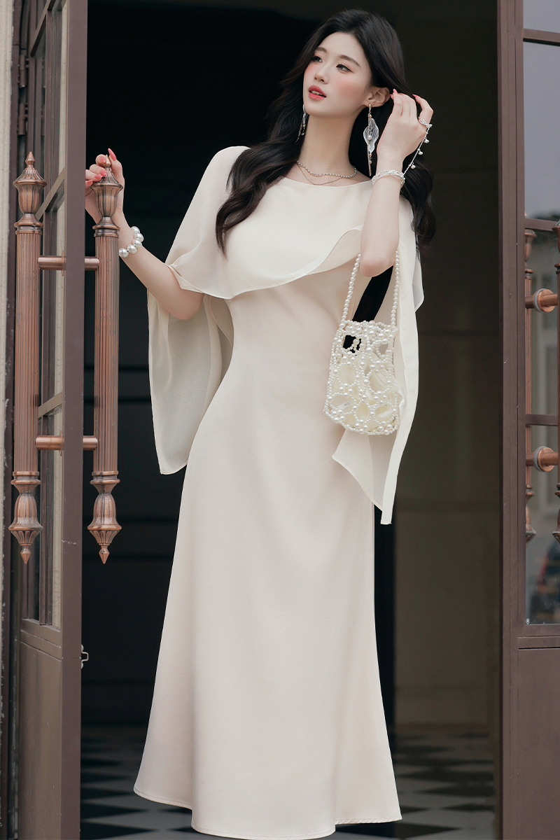 French Style Sleeveless Chiffon Dress with Shawl Collar and Waist-Cinching Slim Fit