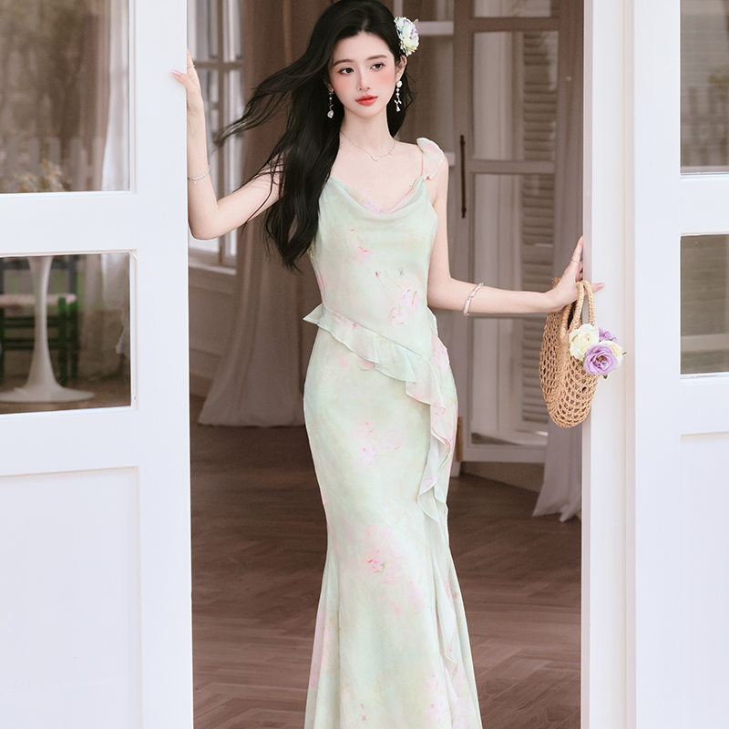 French Vacation Style Cowl Neck Tie Dye Flowy Dress