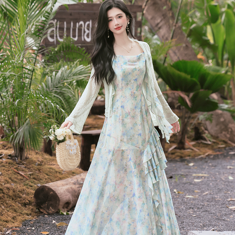 French Vacation Style Long Printed Slim Cami Dress