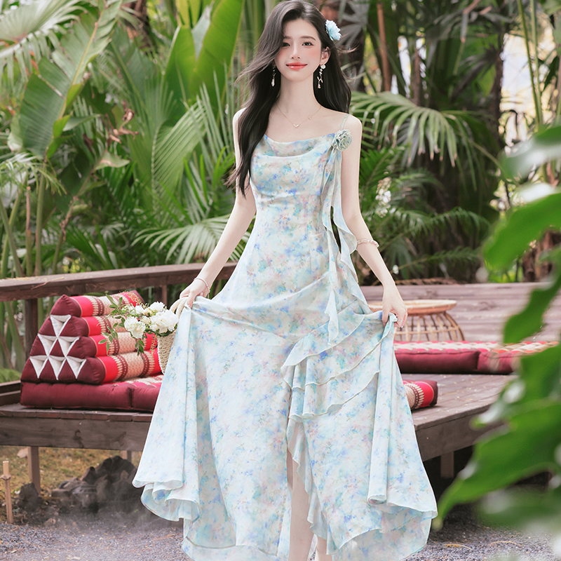 French Vacation Style Long Printed Slim Cami Dress - Image 2