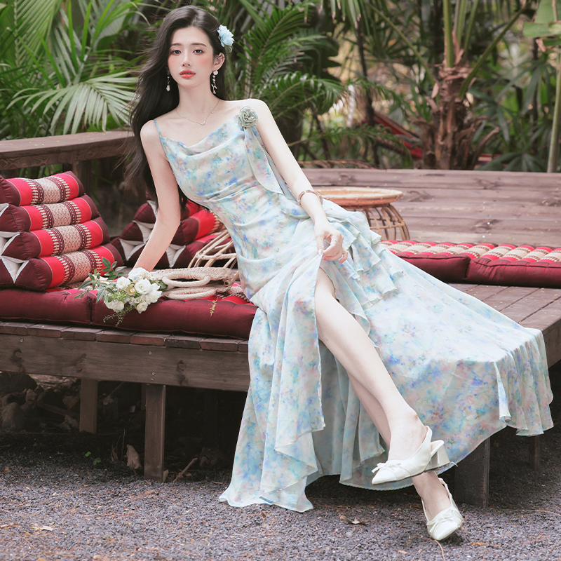 French Vacation Style Long Printed Slim Cami Dress - Image 3