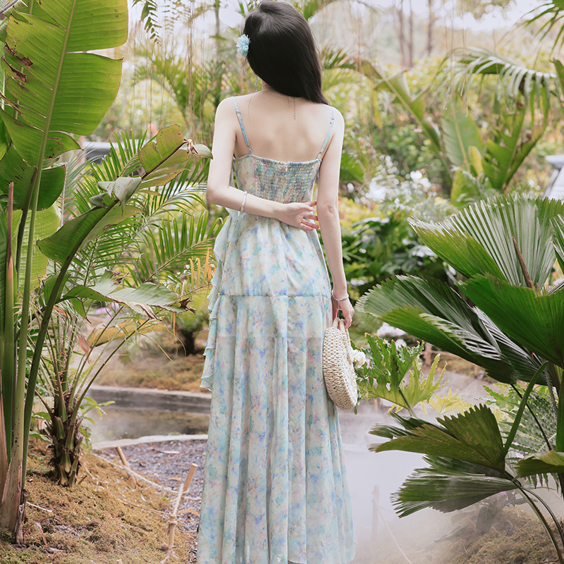 French Vacation Style Long Printed Slim Cami Dress - Image 4
