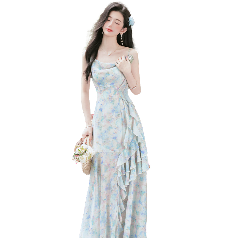 French Vacation Style Long Printed Slim Cami Dress - Image 5