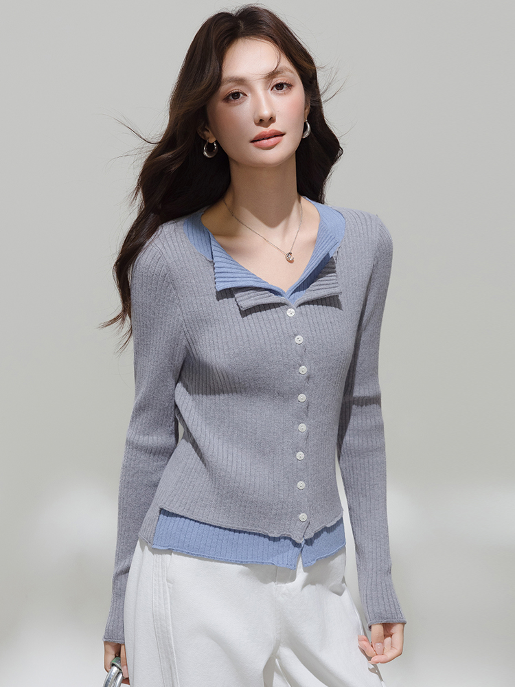 Gray V-Neck Faux Two-Piece Long Sleeve Knit Sweater Cardigan for Women