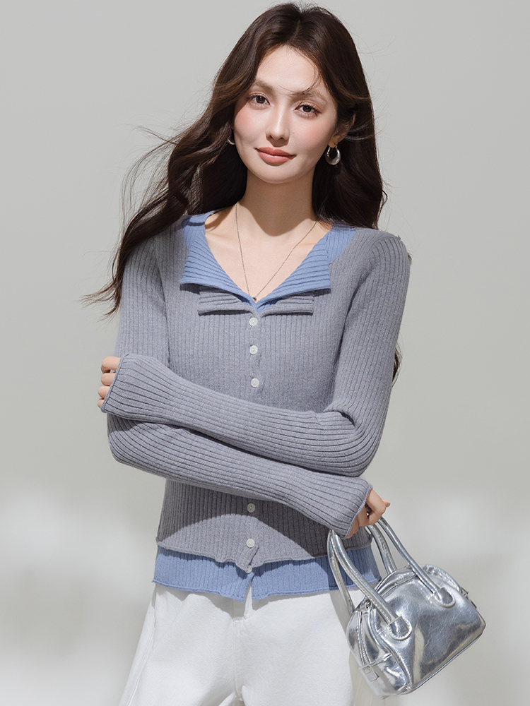 Gray V-Neck Faux Two-Piece Long Sleeve Knit Sweater Cardigan for Women - Image 2