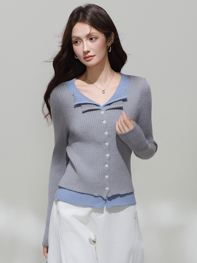 Gray V-Neck Faux Two-Piece Long Sleeve Knit Sweater Cardigan for Women - Image 3
