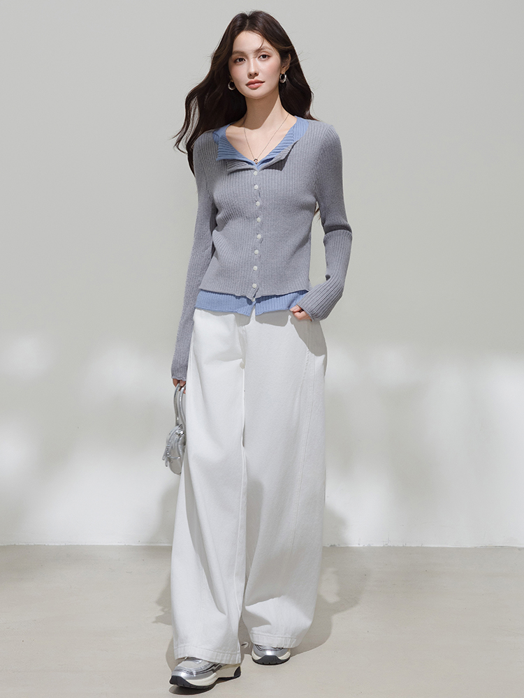 Gray V-Neck Faux Two-Piece Long Sleeve Knit Sweater Cardigan for Women - Image 4