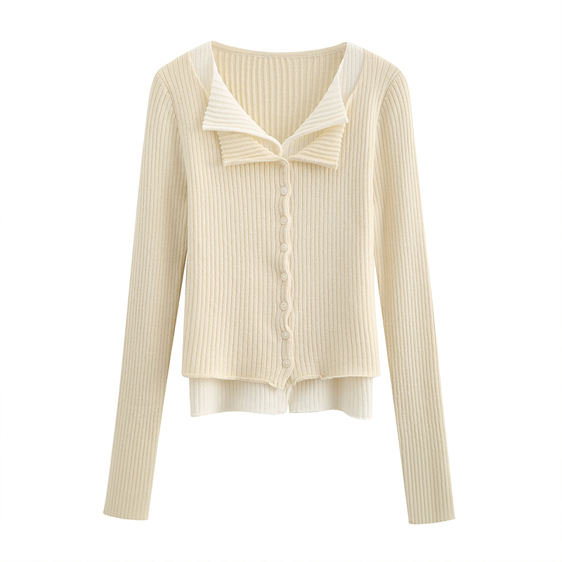Gray V-Neck Faux Two-Piece Long Sleeve Knit Sweater Cardigan for Women - Image 5