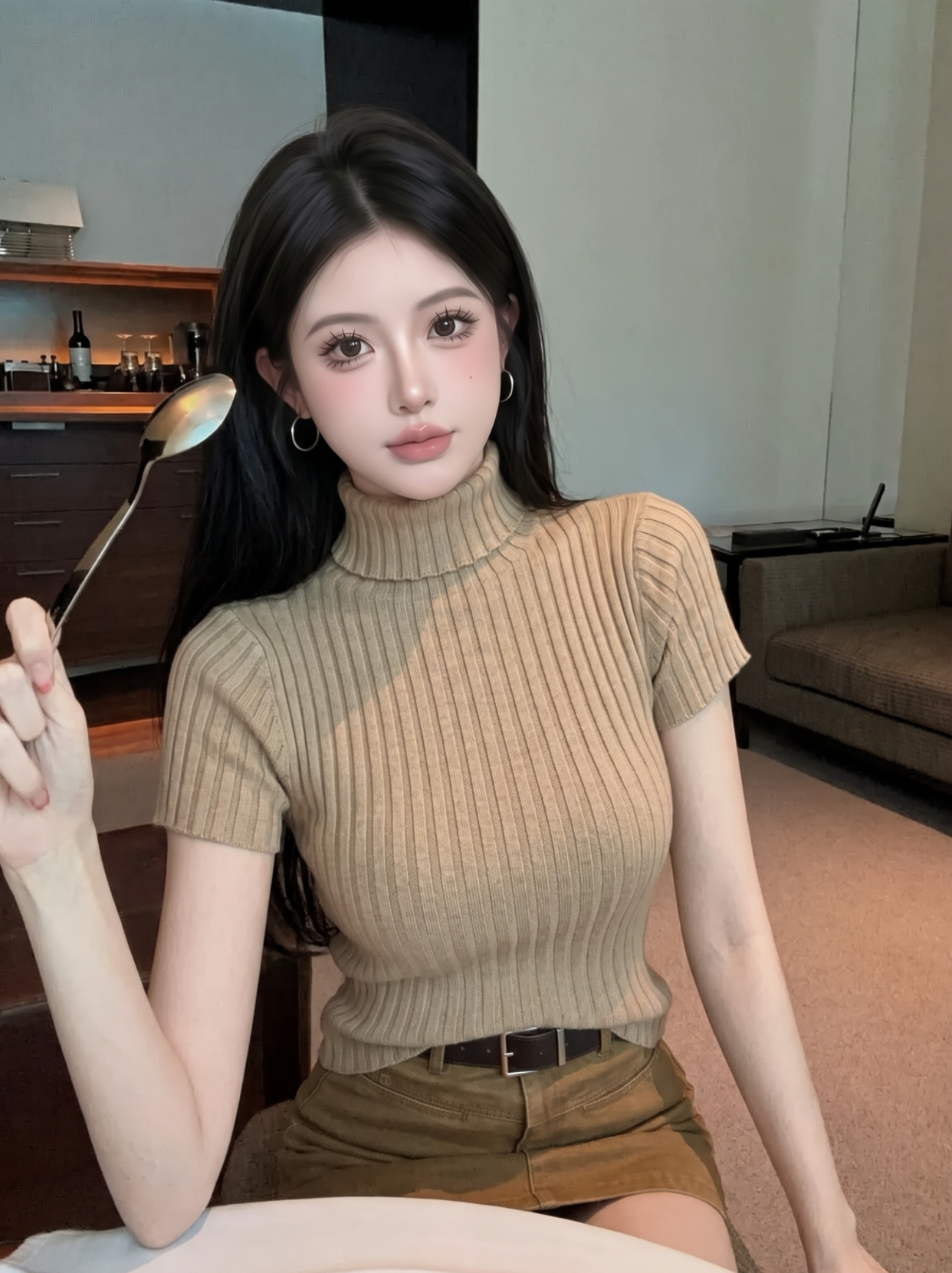 Korean High Neck Short Sleeve Ribbed Knit Top for Women Fall 2026