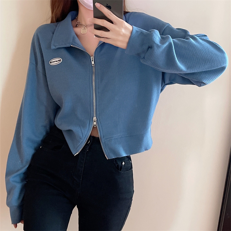 Korean Style Double Zip Long Sleeve Polo Collar Short Loose Fit Top for Petite Women