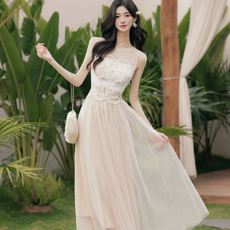 Lace Mesh Spliced High Waist Sleeveless Dress for Women Summer 2026