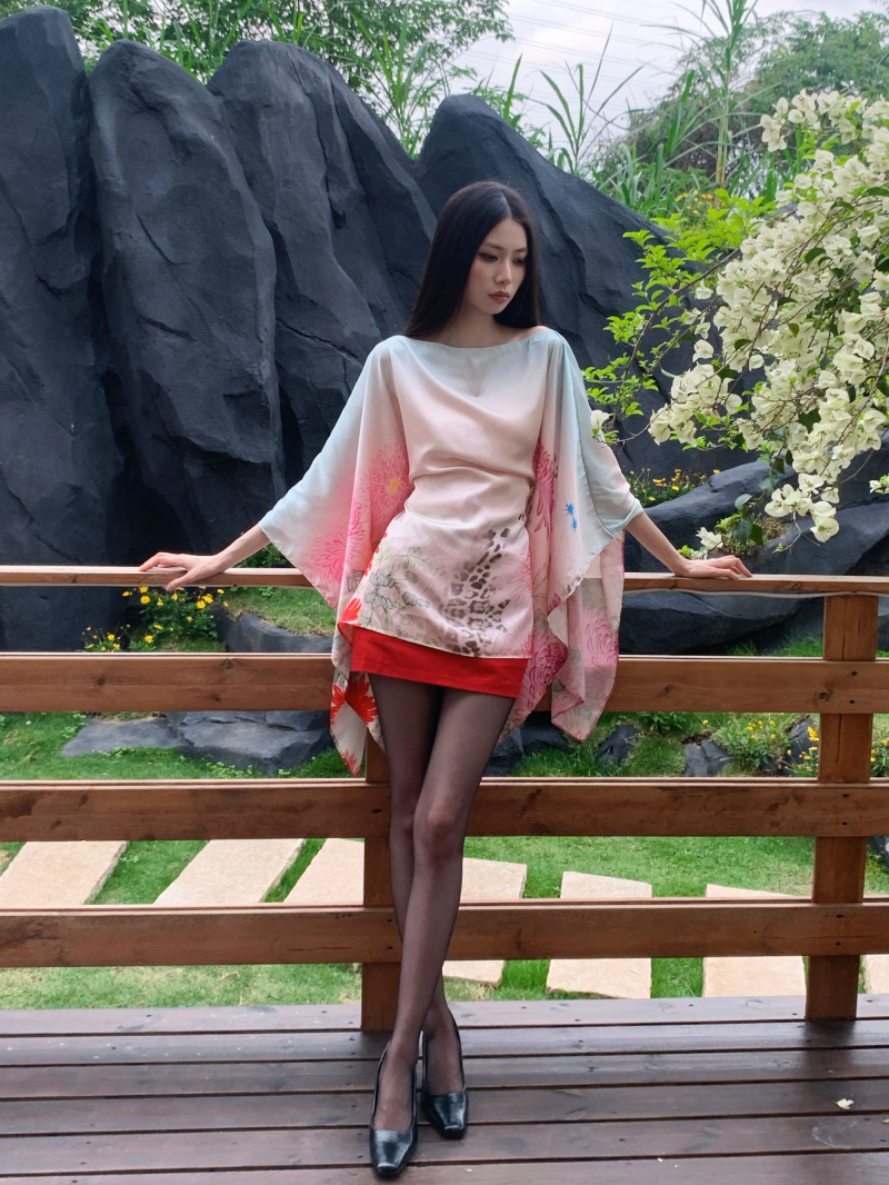Leopard Print Satin Chiffon Shawl Long Tie Top - Image 2