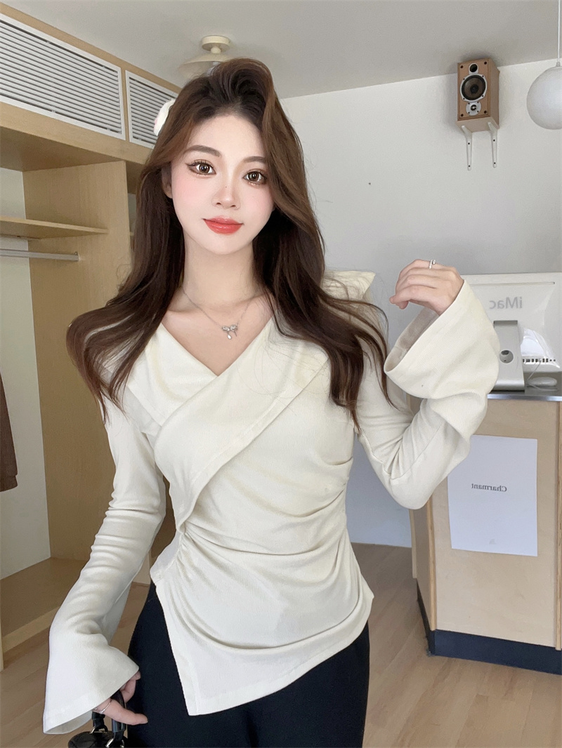 Plus Size Ruffle V-Neck Top Women Spring Slimming Asymmetrical Inner Shirt