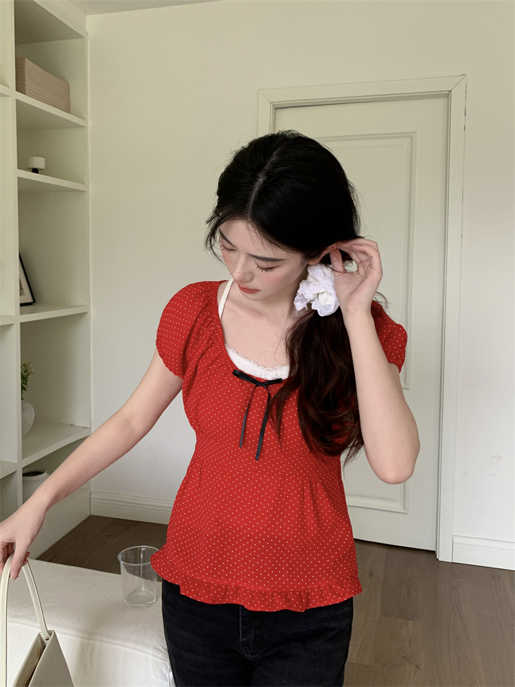 Red Polka Dot Chiffon Top Women Summer Short Sleeve Wavy Hem Cropped Shirt
