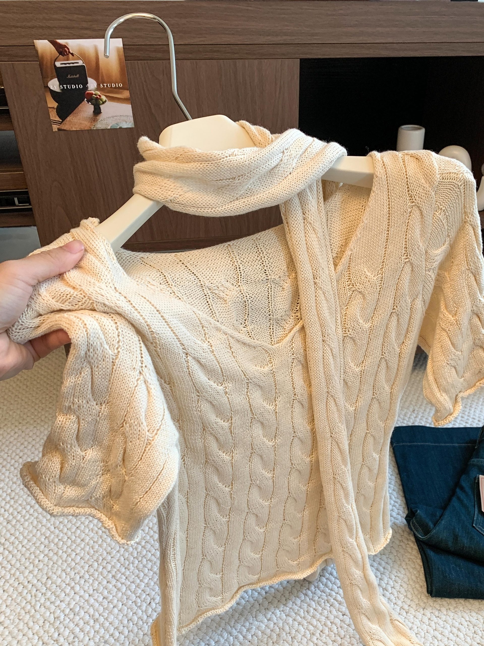 V-Neck Cable Knit Sweater with Scarf Women’s Fall Fashion Top