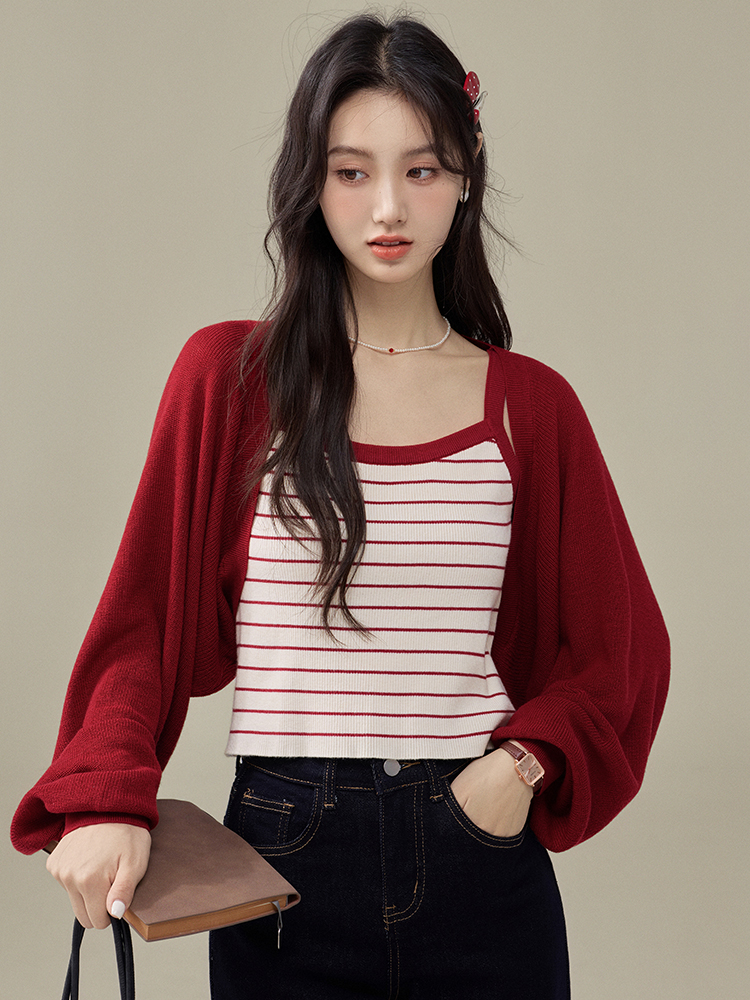 Versatile Long Sleeve Knit Cardigan French Red Two-Piece Set Women’s Early Autumn Short Outerwear