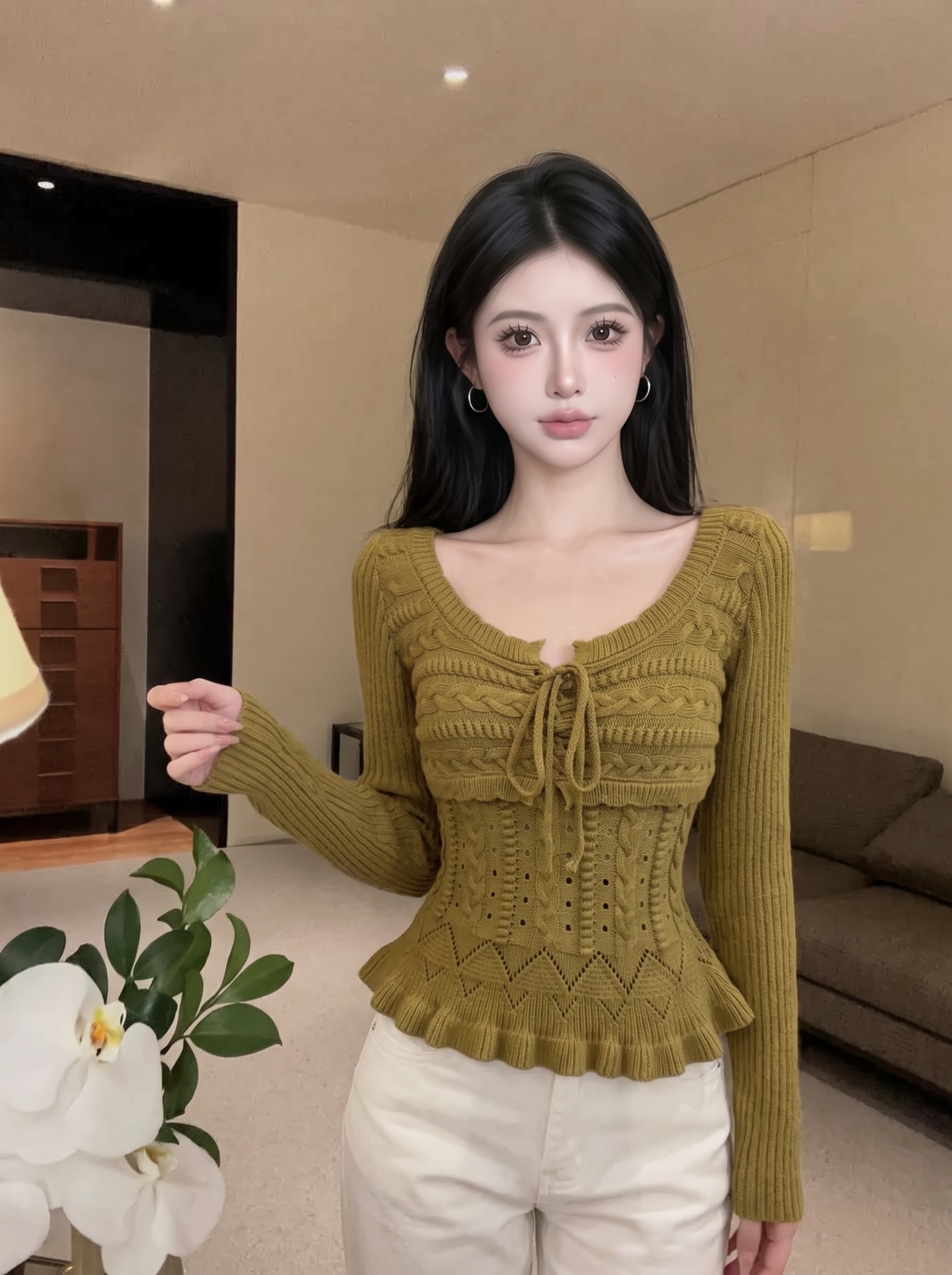 Women's Cutout Lace-Up Long Sleeve Knit Top Slimming Cropped Pullover - Image 2