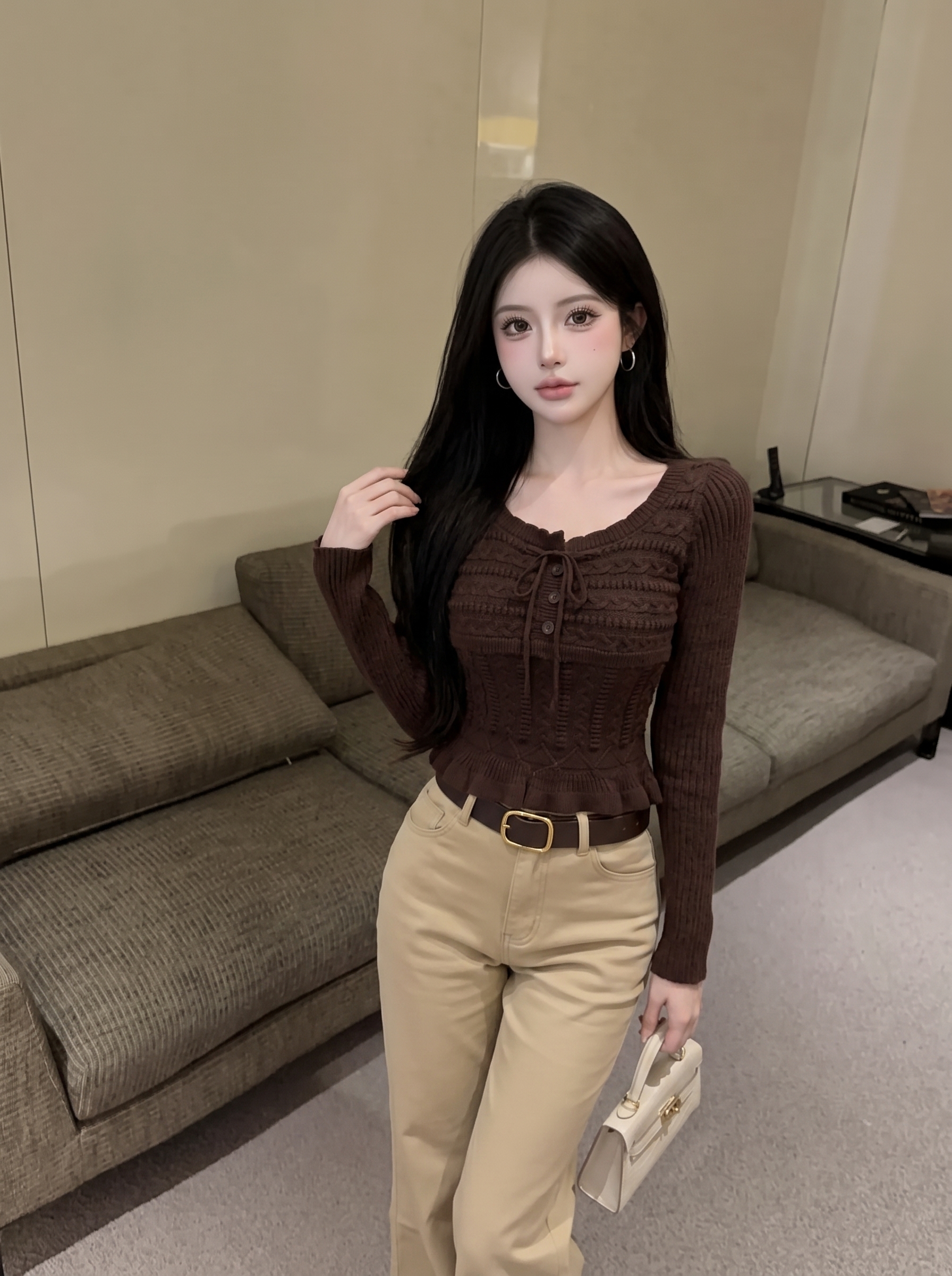 Women's Cutout Lace-Up Long Sleeve Knit Top Slimming Cropped Pullover - Image 3