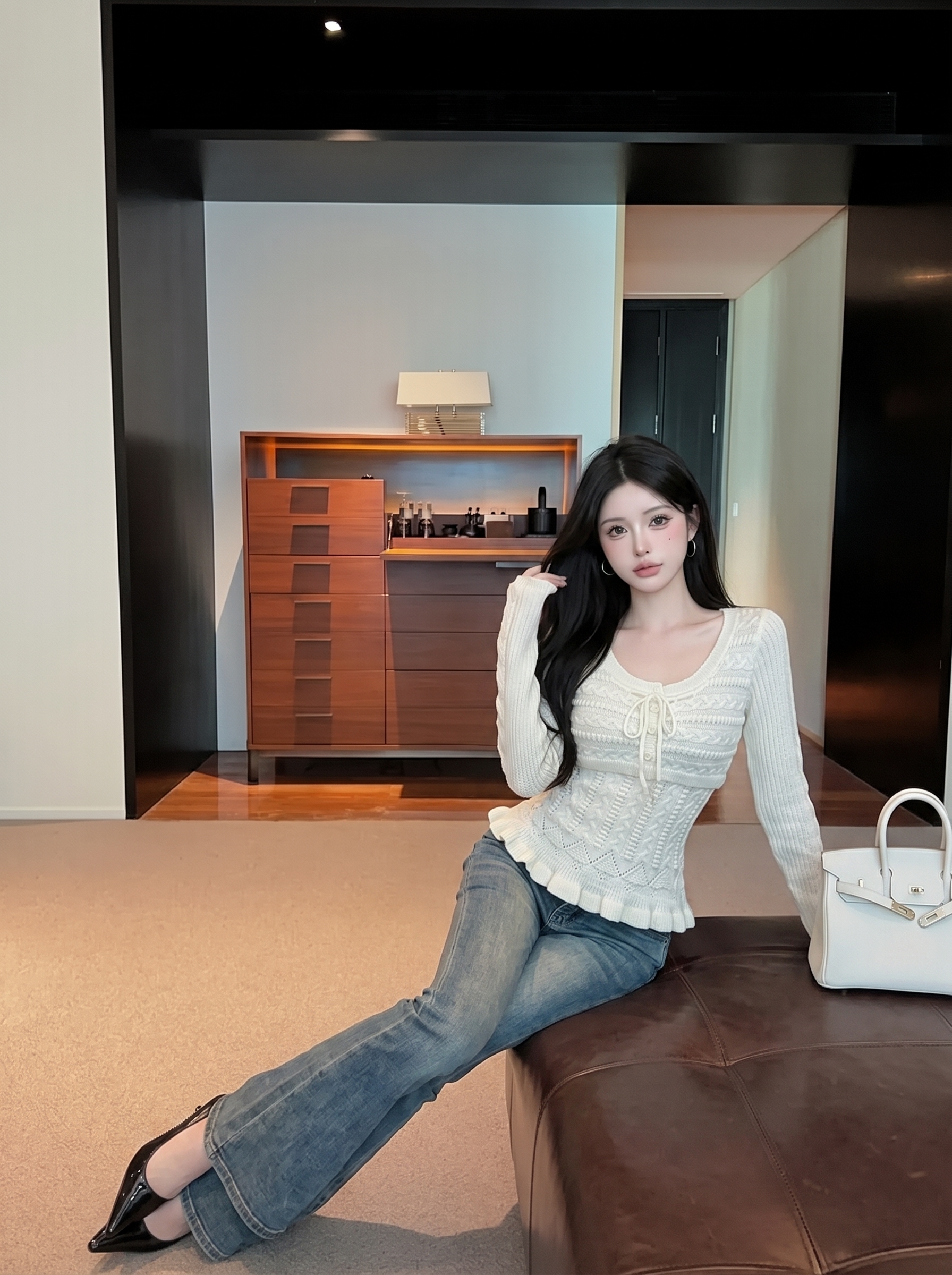 Women's Cutout Lace-Up Long Sleeve Knit Top Slimming Cropped Pullover - Image 4