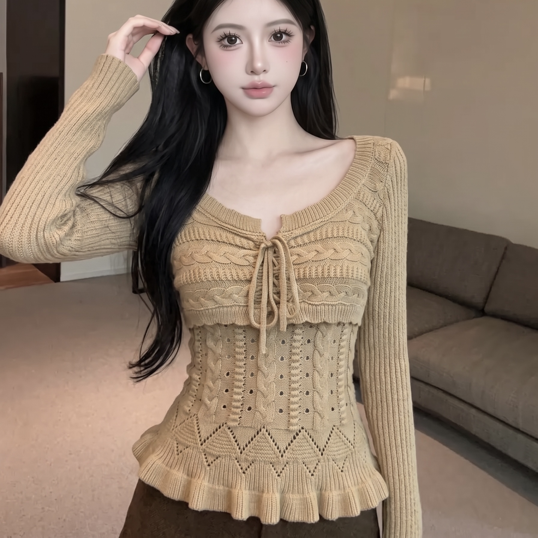 Women's Cutout Lace-Up Long Sleeve Knit Top Slimming Cropped Pullover - Image 5