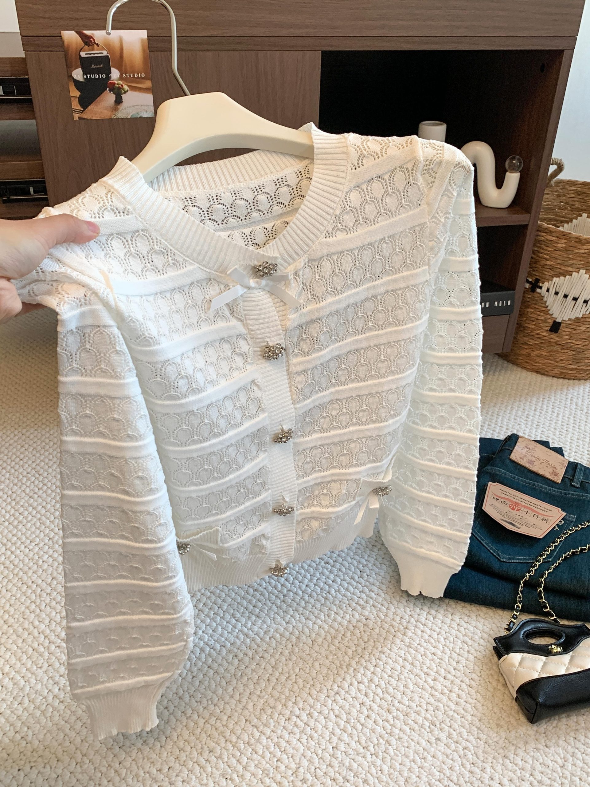 Women’s Hollow Jacquard Bow Long Sleeve Knit Cardigan Fall 2026