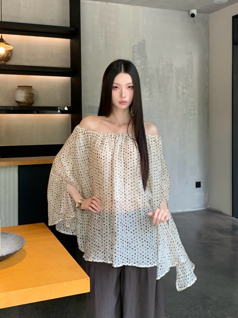 Women’s Leopard Print Polka Dot Sheer Chiffon Irregular Multi-Wear Long Sleeve Shawl Top