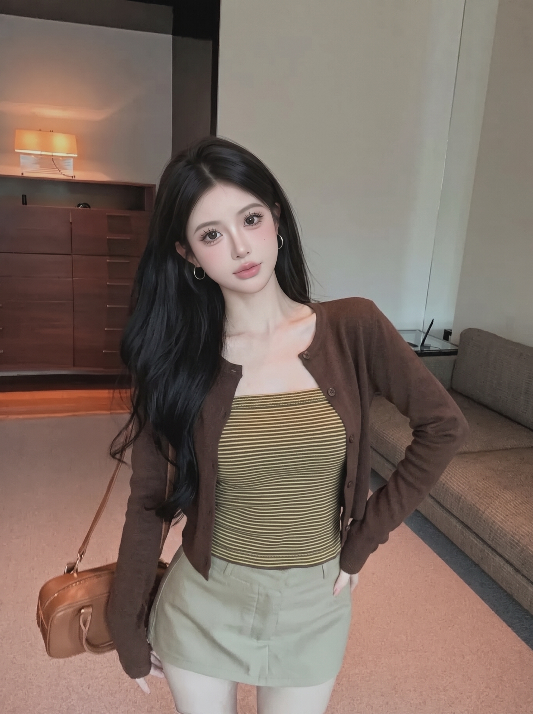 Women’s Retro Color Block Striped Knit Tube Top Cardigan Set with Three Quarter Sleeves for Fall Relaxed Elegant Look