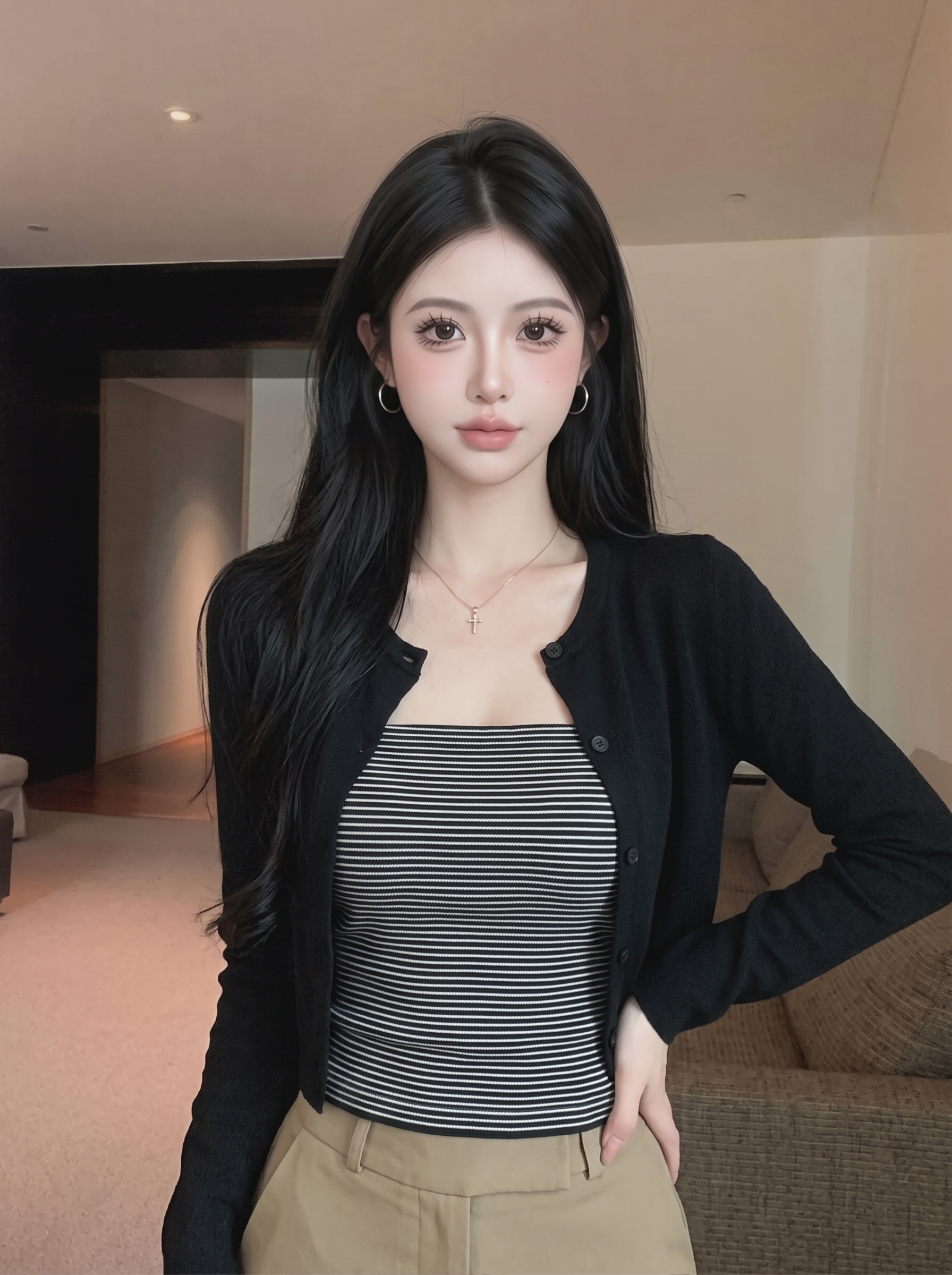 Women's Retro Color Block Striped Knit Tube Top Cardigan Set with Three Quarter Sleeves for Fall Relaxed Elegant Look - Image 2
