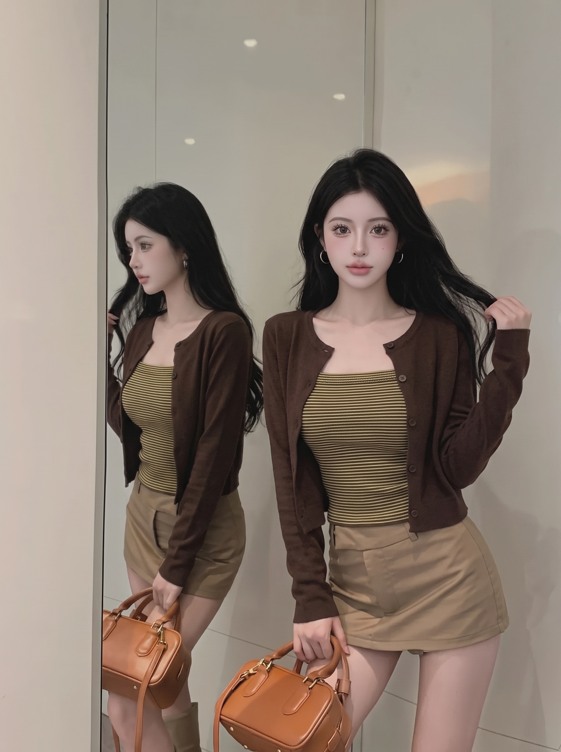 Women's Retro Color Block Striped Knit Tube Top Cardigan Set with Three Quarter Sleeves for Fall Relaxed Elegant Look - Image 4