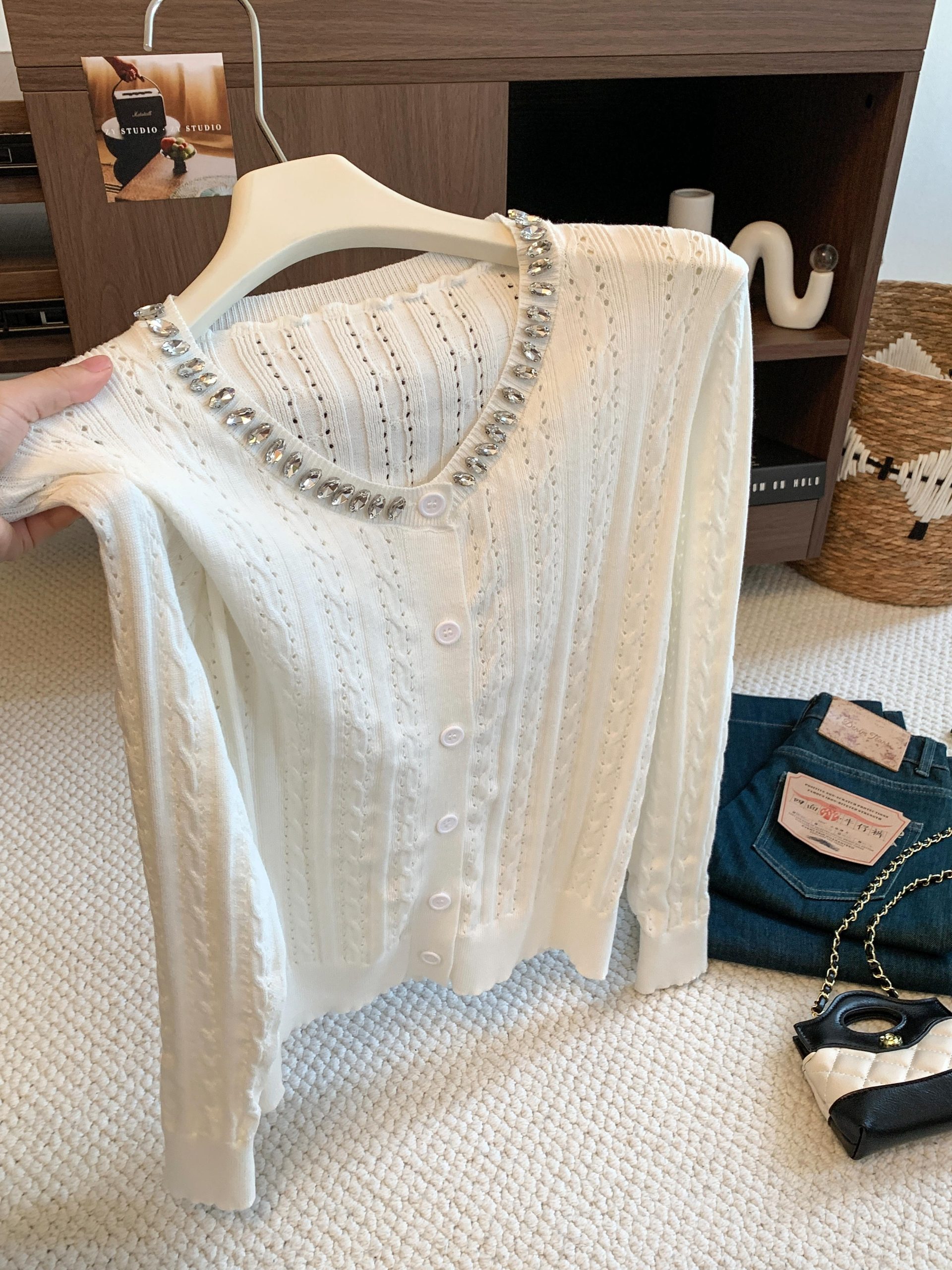 Women’s Rhinestone Cable Knit Cardigan Round Neck Pullover Early Autumn Designer Style