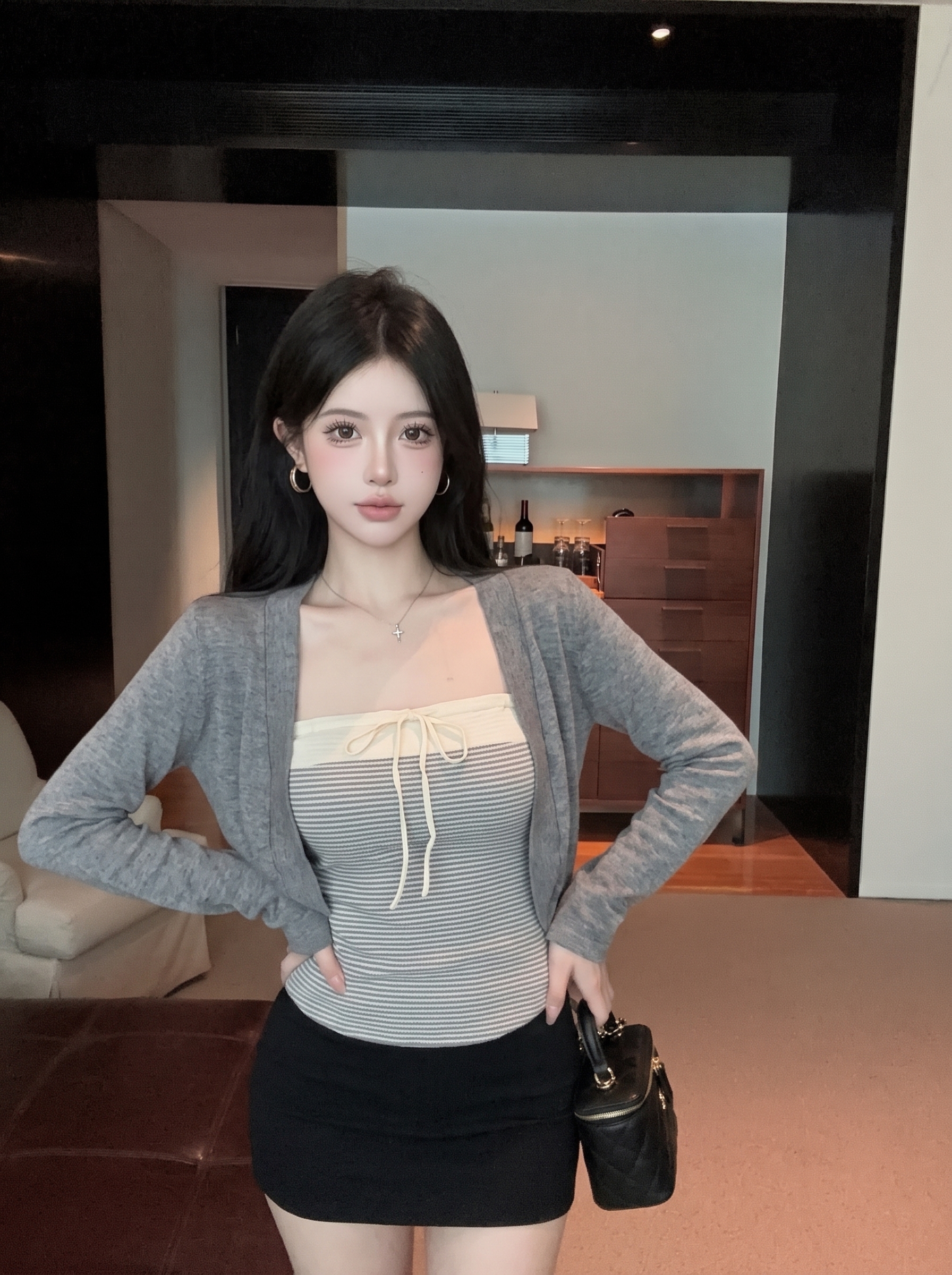 Women's Striped Off-Shoulder Two-Piece Knit Top Early Autumn Long Sleeve - Image 3