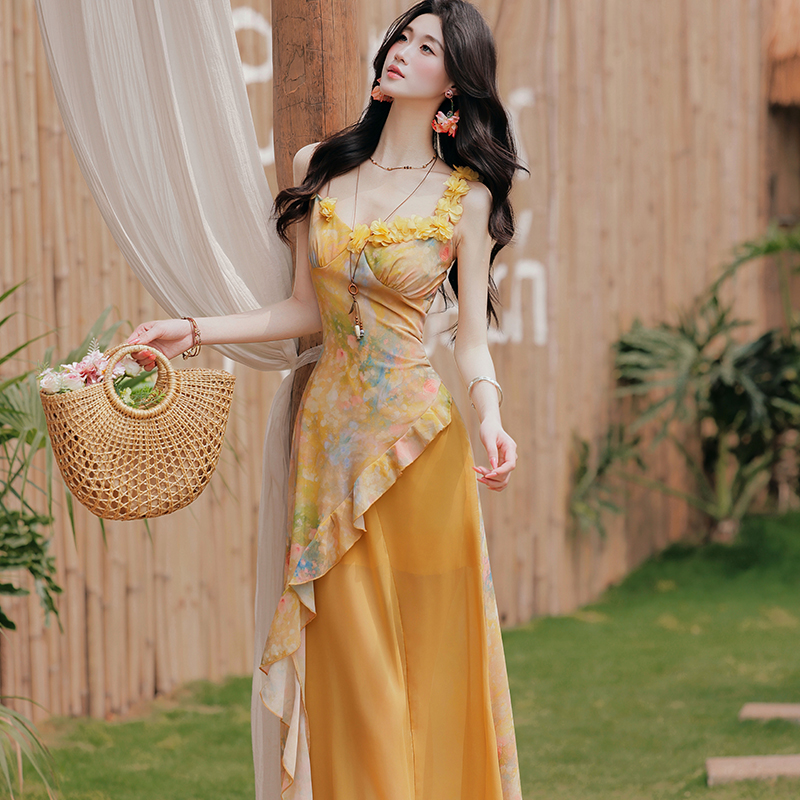 Yellow Chiffon Sleeveless High Waist Maxi Dress Set for Beach Vacation