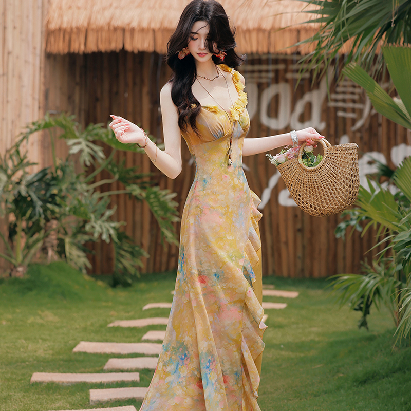 Yellow Chiffon Sleeveless High Waist Maxi Dress Set for Beach Vacation - Image 2