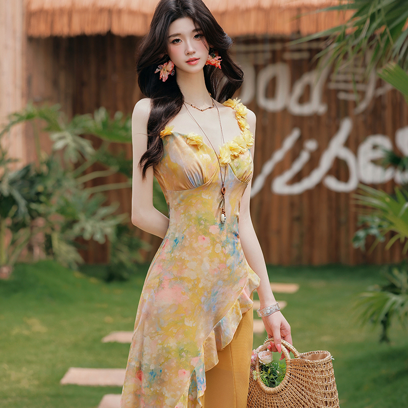 Yellow Chiffon Sleeveless High Waist Maxi Dress Set for Beach Vacation - Image 3