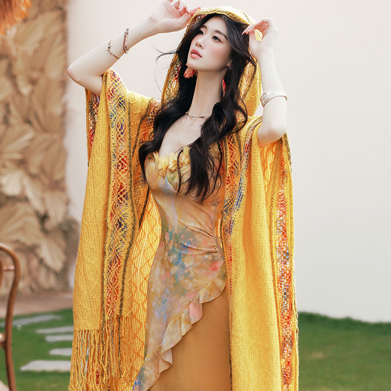 Yellow Chiffon Sleeveless High Waist Maxi Dress Set for Beach Vacation - Image 4