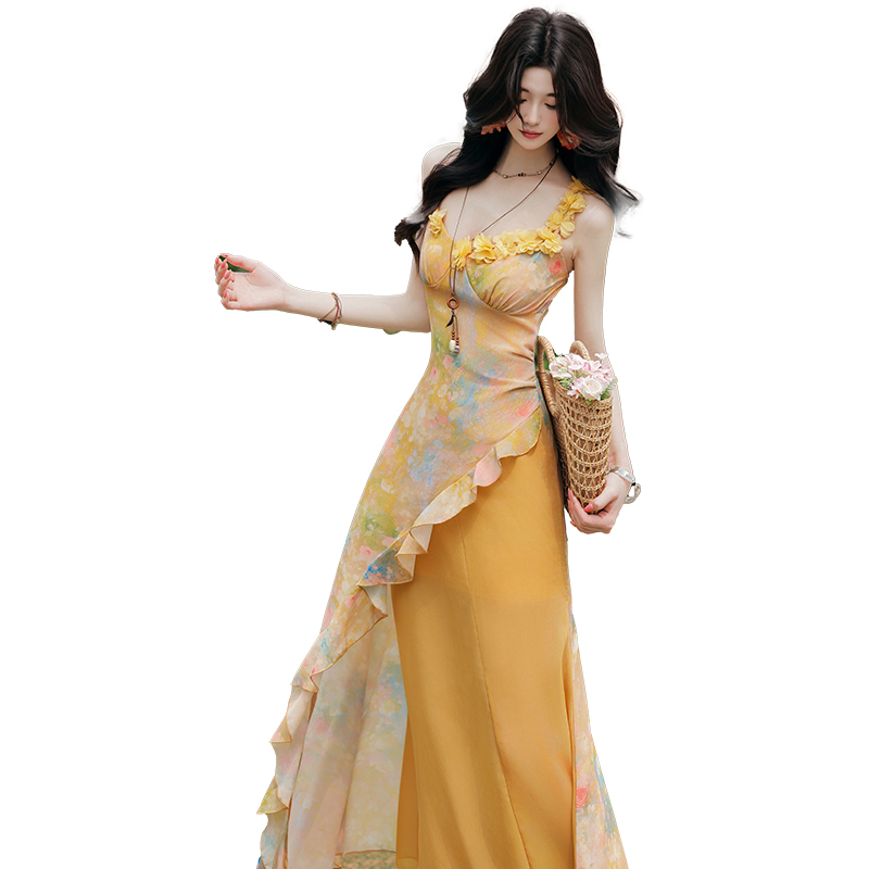 Yellow Chiffon Sleeveless High Waist Maxi Dress Set for Beach Vacation - Image 5